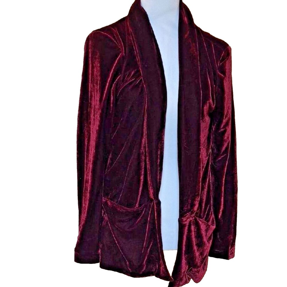 Well Worn Brand Maroon Velvet Blazer Jacket Small S Open Front Dark Burgundy